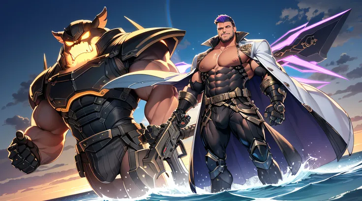 gay, bara, [(muscular:1.2)|musclegut], mature male, ([massive|:1.2)stocky], wild smile, cropped hair, (mechanical:1.15) , (huge cool weapon machine:1.5), (floating in the air:1.3), (multicolored hair:1.2), (long coat:1.1),(big chest),Ultra-detailed eyes、hy...