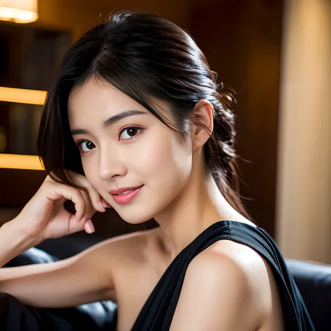 Best-quality, Masterpiece, Ultra-High-Resolution, (Photorealistic:1.4), Raw-Photo, Extremely-details, 

1girl, 20-years-old, the most popular Japanese actress, 

drinking Martini from cocktail glass at luxury hotel bar, 
looking at viewer, pretty charming ...