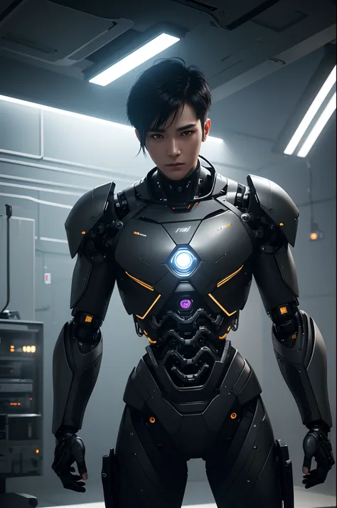 Young Male Cyborg,Intelligent Bionic Robot、Short-haired man with black hair、The body of a delicate machine,Cyborg Robot Parts、Young mans jaw,cable electric wires、microchips、bright studio、hyperphotorealism、high-detail、intricate detailes、softlighting、Rim Lig...