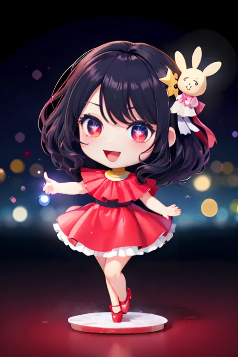 ((top-quality))、 ((​masterpiece))、Place one small doll on a circular stand、kawaii pose、A smile、A dark-haired、Chibi Doll、Stars in the eyes（kirakira）、Singing with microphone in hand、Eye Up、Laugh、Cute red shoes、Ultra Detail, radiant light、bio luminescent、Stro...