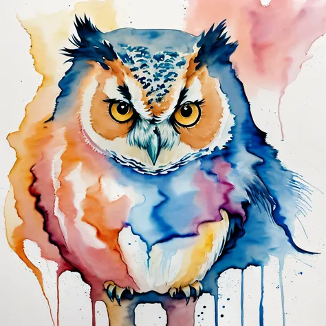 watercolor of three owls with orange eyes, cute owl, watercolor illustration, illustration!, an owl, with a cute fluffy owl, wat...