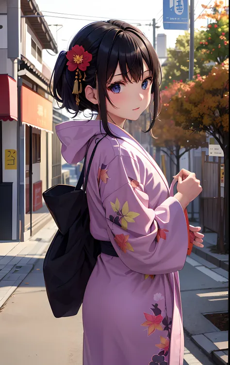 top-quality、intricate detailes、1girl、subaru_kimono、(Urban girl,bathrobe,Autumn petiole,A dark-haired)Complex city