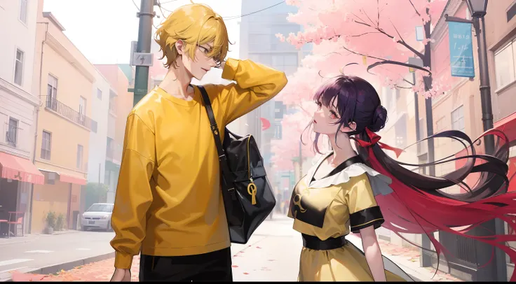 Anime characters in yellow shirts and black pants standing side by side, nixeu and sakimichan, puce and vermillion, frank franzzeta and sakimichan, sakimichan and frank franzzeta, An anime cover, Best Rated on pixiv, anime in fantasy style, WLOP and Sakimi...