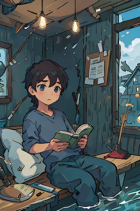 boy reading book in a fishing room