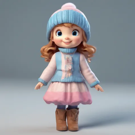 Cute little girl, Winter clothing, Fashion, Happy applause, Perspective looking up, a blind box toy, Glossy and delicate, Clean background, 3D rendering of, Best quality