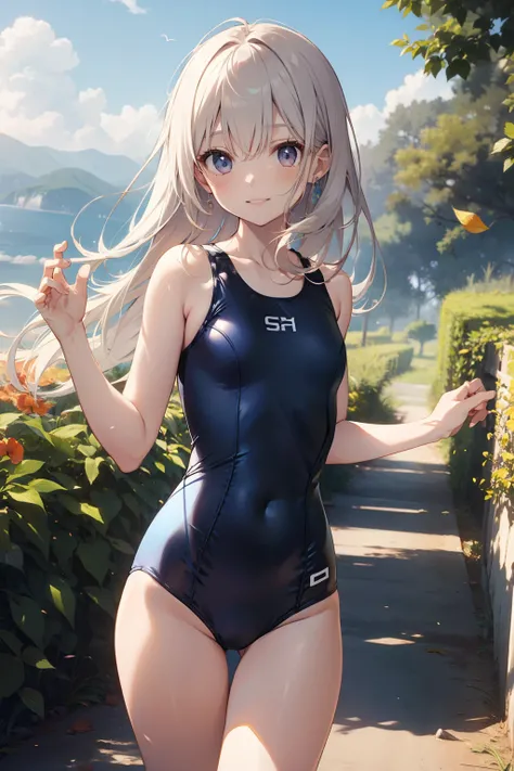 top-quality、Full limbs、complete fingers、Slender beauty、knee high、White school swimsuit、ssmile、Small eyes、Colored leaves、hiking