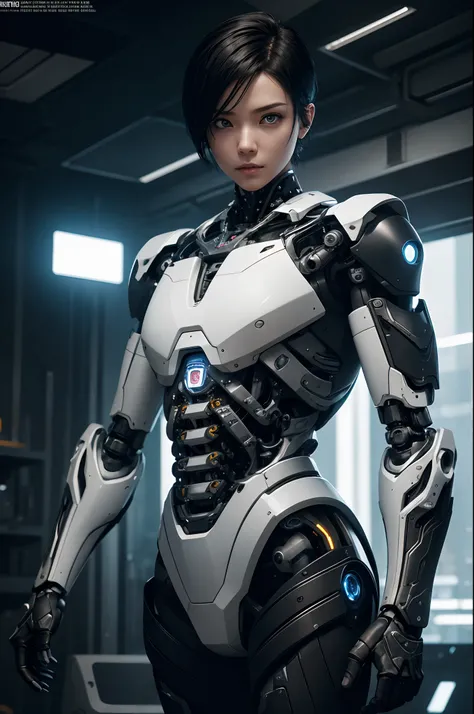 Young Male Cyborg,Bare skeletal body during the construction of the upper body,Intelligent Bionic Robot、Short-haired man with black hair、The body of a delicate machine,Cyborg Robot Parts、A young man,Bare skeleton,cable electric wires、microchips、bright stud...