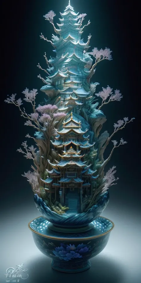 best quality, realistic, photorealistic,  ultra detailed, "Mountain of Flower and Fruit+Fairy+Chinese Architecture" highly detailed carving on "southern ice" porcelain,Ultra wide angle,Accent Lighting,Volumetric Lighting,backlighting, (detailed light),((an...