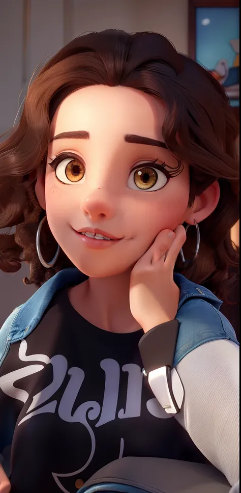 Um mulher morena baixinha tenho 1,58 tall has dark brown hair short medium curly light brown eye has well-drawn black eyebrows is wearing silver hoop earring a beautiful mouth is wearing ripped blue denim jacket is wearing black and white Mickey Mouse blou...