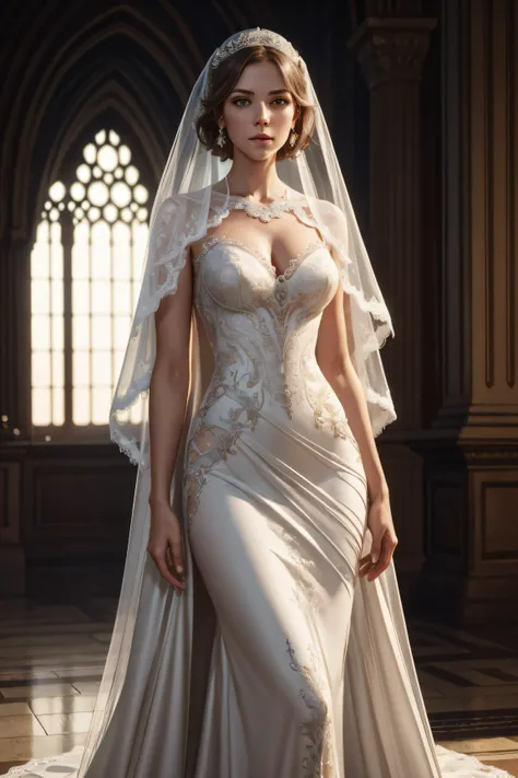 Freya Allan, wearingelegant bride veil gown, standing inside a crowded ballroom, character portrait, 4 9 9 0 s, short hair, intricate, elegant, highly detailed, digital painting, artstation, concept art, smooth, sharp focus, illustration, art by wlop, char...