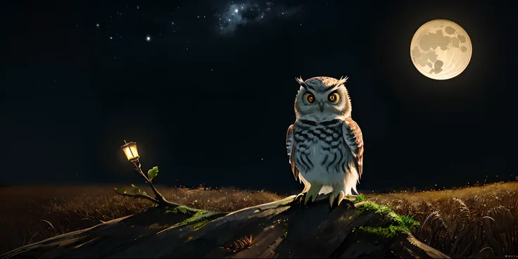 Create a super cute little owl in a fantastic nighttime setting with moonlight in the background. super realistic. Essa corujinha tem que ser muito cativanate