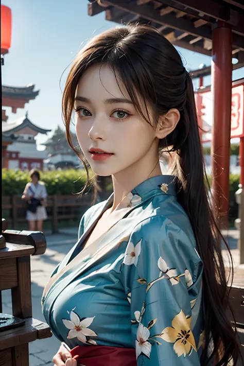 电影灯光，(((tmasterpiece))), ((best qualtiy)), ((intricate and detailed)), ((Ultra-realistic realism)), 4K,1beautiful woman, 25-years old, poneyTail,Ultra-fine yukata,美丽的面容,Beautiful brown eyes,face perfect,A slender,large full breasts,having a good time, Larg...