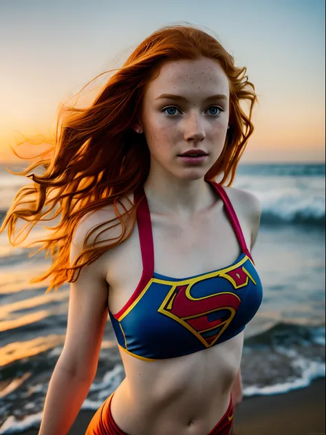 1girl in, age13, Solo, teenager, Aesthetic artwork, irish redhead, curly ginger hair, shoulder length ginger hair, some small freckles, pale skin, small breasts, runners body, imperfect skin, goosebumps, wearing Supergirl costume, DC costume Supergirl biki...