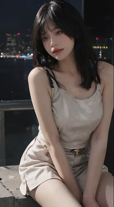 best qualtiy， 超A high resolution， （realisticlying：1.4），1 girl ，Focus:1.2, Perfect figure beautiful woman:1.4 , (night cityscape:1.3), Highly detailed facial and skin texture, A detailed eye, 二重まぶた，Red lips，eyeshadows，Whiten skin，(Air bangs:1.3),,(thin stra...