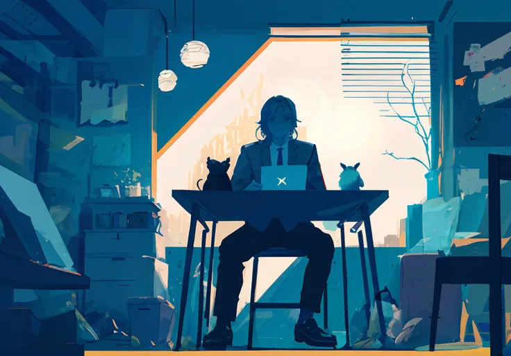 A man sits at his desk，Illustrator holding a computer and a sheep, There was a dangerous wolf on the table，author：Emiliano Ponz, inspired by Emiliano Ponzi, author：Adam Maczynski, author：Alan Jones, editorialillustrations, author：Matt Stewart, illustration...