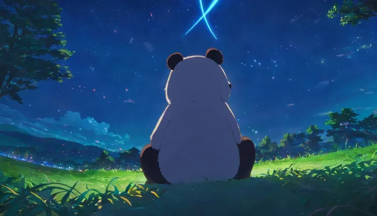 tmasterpiece, best qualityer, cinematic Film still from, 1panda, Panda Cloud, brightly, cheerfulness, Soft lighting and warmth, natta, Panda in forest looking up at the stars，Turn your back to the stars, Starry sky, (spark of light: 0,7)