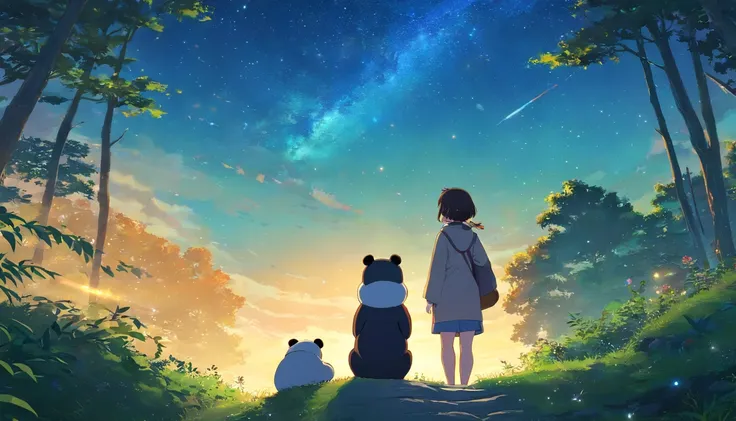 tmasterpiece, best qualityer, cinematic Film still from, 1panda, Panda Cloud, brightly, cheerfulness, Soft lighting and warmth, natta, Panda looking up at the stars in the forest，Turn your back to the stars, Starry sky, (spark of light: 0,7)