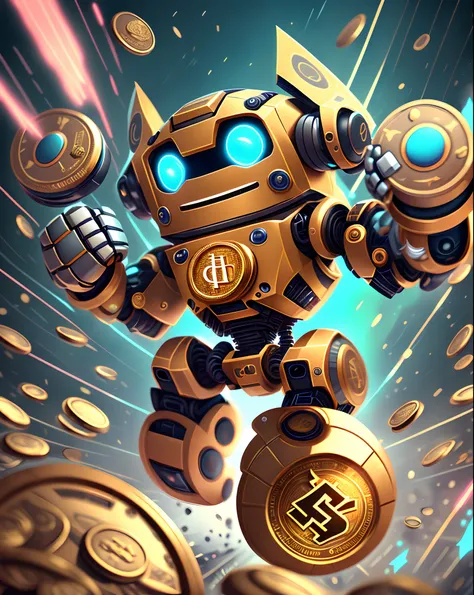 An mascot robot, smiling, modern robot, round robot, cartoon, flying, fist up, crypto coins background --auto --s2