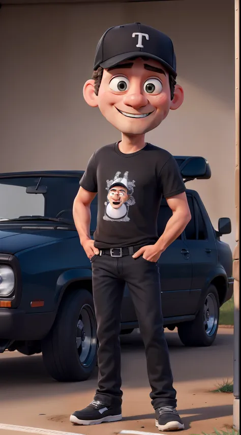 tmasterpiece，The best quality，An uncle in a baseball cap，Wear a black t-shirt and jeans，Stand in front of the car