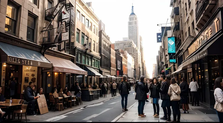 New York Street, people, People are standing and talking. Photo of me drinking coffee, café, ((colored photo)), a photo of, Wide Angle,