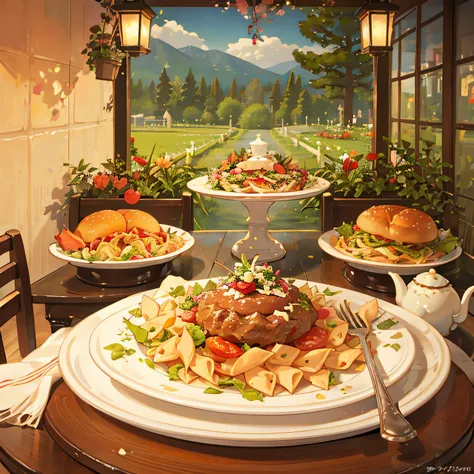 during daytime、flowery garden、The table on which the dishes are placed is located in the center、buffet、Hamburger、pasta、salad、sweets、black tea、wining、Warm sunshine、Delicious looking meals、Laid out on the table、colourfull、cute little、Looks delicious