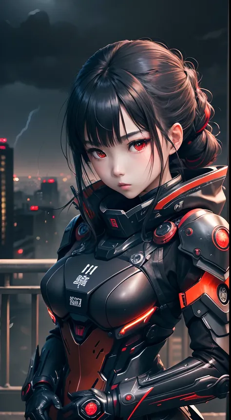 1 japanese girl, War Frame, Complex pattern, heavy metal, energy line, Faceless, Glowing eyes, Elegant, Formidable, Blood red and black uniform, Solo, Modern, city, A city scape, dark clouds, thunderstorm, Heavy rain,, Dramatic Lighting,, (masutepiece:1.2)...