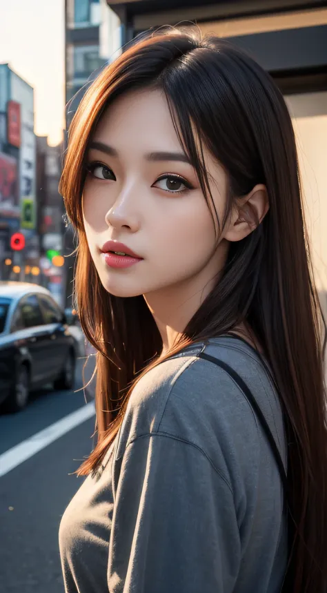 ​masterpiece、High-quality viewers、One beautiful model of JPNIODL、beautiful semi-long hair of brown color,,,,,、incredible high resolution、wide-angle lens、14mm lens、low angles、low  angle shot 、A detailed eye、Harajuku、Takeshita Street、slope、Cityscape at sunse...