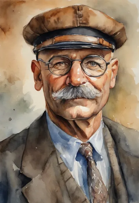 50-year-old man, bald, artistic portrait, mustache, tinted glasses, cap