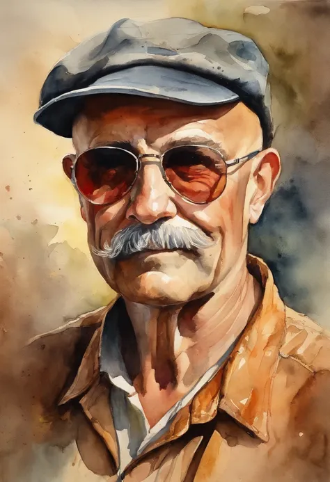 50-year-old man, bald, artistic portrait, mustache, sun glasses, baseball cap