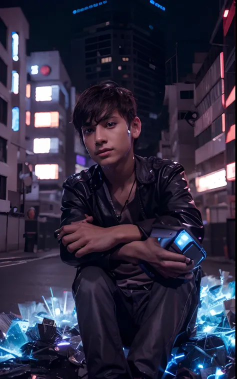 Boy with mobile futuristic night City background realistic face