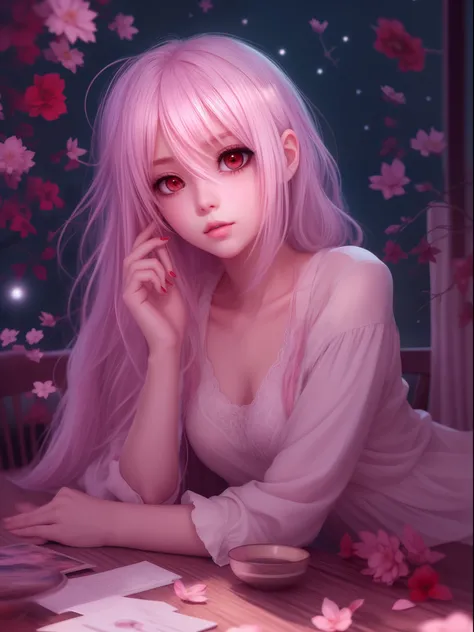 Be a girl with a pink complexion, beautiful eyes (red eyes) and deep as the night sky, half sad face lying on the table, white hair, looking at you, with an anime/semi-realistic style of art