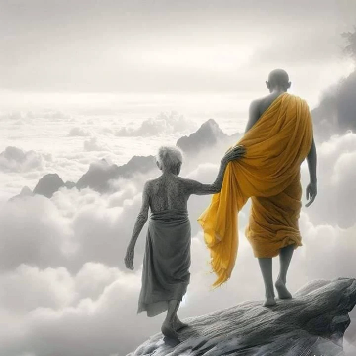 Two monks walk on a rock above the clouds., beautiful image ever created, Beautiful depictions, Wear a flowing robe., Yellow coat, With yellow cloth, by Ma Quan, Walk above the clouds and mist, Rise above the clouds, monk clothes, absolutely outstanding im...