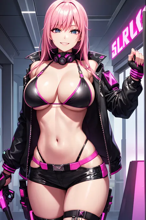 pink bikini , black jacket, cyberpunk atmosphere, cyberpunk beautiful girl, smile, breasts, big breasts, sexy,