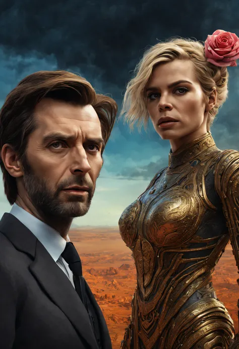 David Tennant as Dr Who with Billie Piper as Rose Tyler, alone  on desolate planet ,Hyperrealistic, splash art, concept art,  intricately detailed, color depth, dramatic, side light, colorful background,Unreal Engine 5", sf, intricate artwork masterpiece, ...