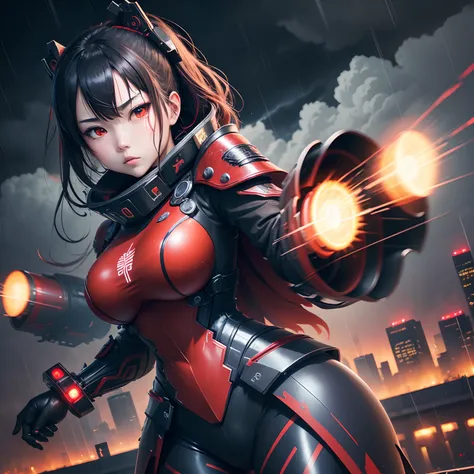 1 japanese girl, War Frame, Complex pattern, heavy metal, energy line, Faceless, Glowing eyes, Elegant, Formidable, Blood red and black uniform, Solo, Modern, city, A city scape, dark clouds, thunderstorm, Heavy rain,, Dramatic Lighting,, (masutepiece:1.2)...