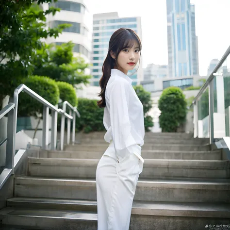 masutepiece, Best Quality, 超A high resolution, (photographrealistic:1.4), 1girl in, (P Line:1.1), business sui, panty lines, From below, (Facing away:1.2), (White slacks:1.3),(White Yai Shirt:1.3), stairs,White shirt, Slender curvaceous body, Style like a ...