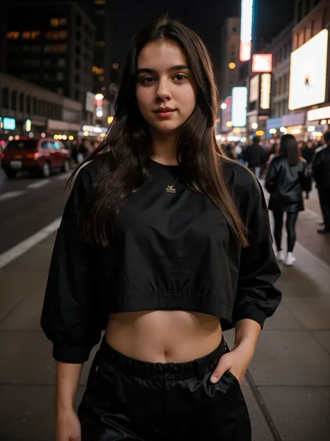 random cinematic portrait cute sexy outfit 22 years old girl straight hair, night in New York