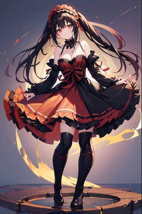 Black hair、long-haired twin-tails、Red right eye、The left eye is golden、Red and Black Lolita Dress、Different left and right eye colors、Black tights that dont show bare feet、Black long boots、Smiling、delicate finger、Graceful behavior、Kyozo Tokizaki、Black and ...