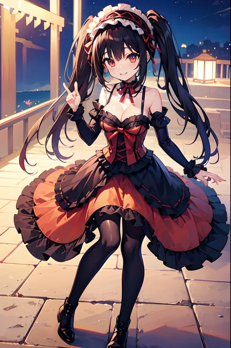 Black hair、long-haired twin-tails、Red right eye、The left eye is golden、Red and Black Lolita Dress、Different left and right eye colors、Black tights that dont show bare feet、Black long boots、Smiling、delicate finger、Graceful behavior、Kyozo Tokizaki、Black and ...