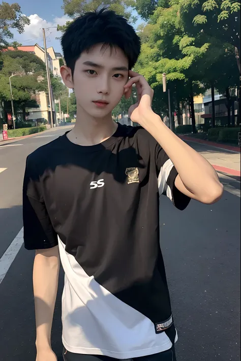 Best quality, 1 Thai male student, single, 14 years old, thin body, short hair, big eyes, black short-sleeved shirt, face wearing a mask, brown jeans shorts, selfie stand, at the park.