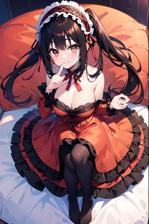 Black hair、long-haired twin-tails、Red right eye、The left eye is golden、Red and Black Lolita Dress、Different left and right eye colors、Black tights that dont show bare feet、Black long boots、Smiling、delicate finger、Graceful behavior、Kyozo Tokizaki、Black and ...