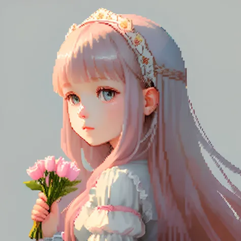 Pale light blue antique dress、Girl with long hair in dull pink-brown color、Blunt bangs、Look back and look at this.、Pixel art、Pixel Art Illustration、pixels、Plain background、Upper body、For icons、pixels_Art Book,Composition centered on the face、Straight face、...