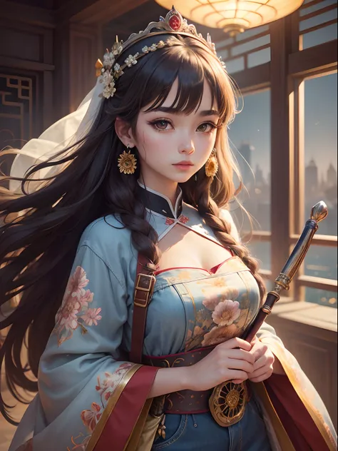 Best Quality, masutepiece, ultra-detailhigh-resolution, (Realistic: 1.4), Watercolor style, Illustration, Dazzling background color,, 1 girl with a weapon, (solo exhibition: 1.2), (denim lens: 1.2), (Hair crown: 1.2), Traditional Chinese Dunhuang costume, ...