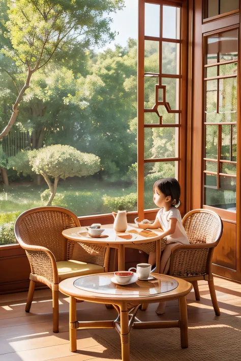 The interior is bright，Chinese décor，Two cups of tea are steaming hot on a round coffee table，Two rattan chairs are placed opposite the coffee table，There is a fan decoration on the wall，large french window，Trees outside the window，Two small children playi...