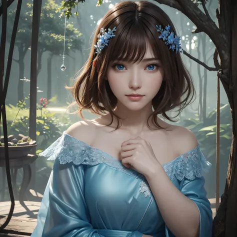 hightquality、8K Ultra HD、fullllbody、1 16-year-old female、Gentle smile、Rich facial expressions、Glass harp、robe blanche、light brown hair、Blue eyes、(Lovely soothing forest and babbling in the background)、cute little、Beautiful fece、portlate、Antique architectur...