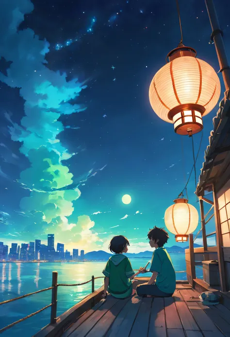 Vast night，the beautiful skyline，Vast sea，Intense and dramatic imagery，the moving visual effects，The bright moon hangs high，the colorful natural light。Little boy sitting on a lonely boat，Reaching out is a Chinese lamp，The green face is full of years，See th...