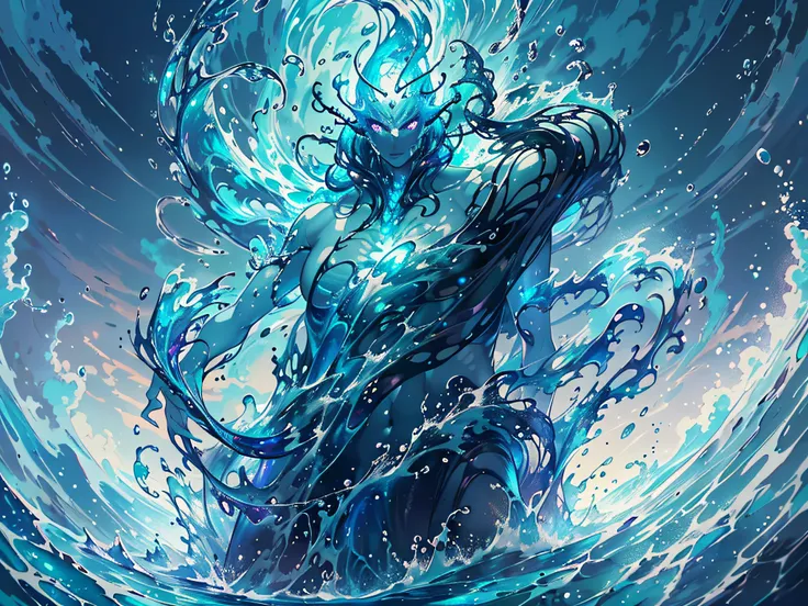 ((Best Quality, 8K, masutepiece: 1.4)),((Amazing detail: 1.3)),((Illustration: 1.2)),((High resolution: 1.1)),Eldritch,water elemental, water demon, luminous water elemental,White background,astral