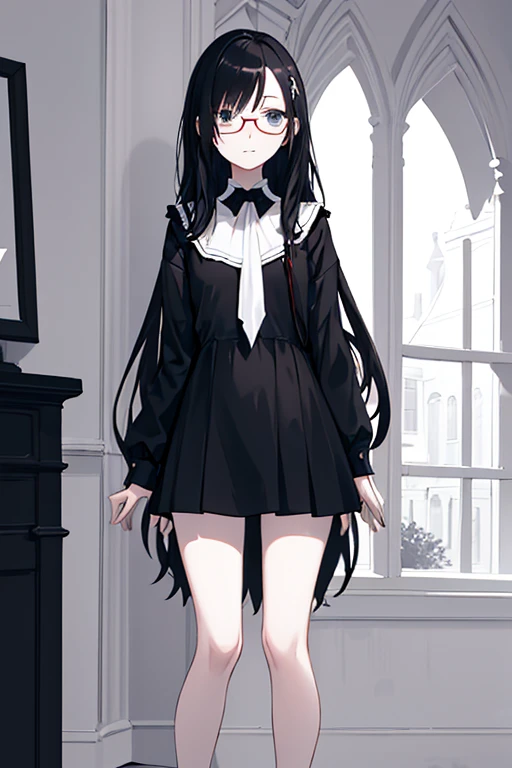 Portrait of a single person，A young female writer of fiction，black long straight hair，Ordinary standing bust figure，wearing black glasses，Liberal Arts students，A common costume dress for writers。Girl Next Door。The background is simple and pure white，Pubic ...