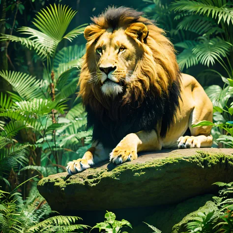 The Fearsome Lion, King of Beasts, In the jungle on a large rock lies