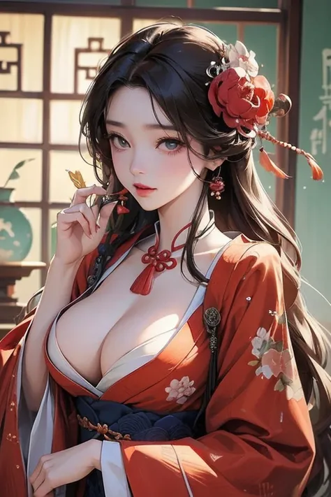 Close-up of a woman in a dress，Holding a large object in his hand, Inspired by Miki Lees illustrations, Pisif, sōsaku hanga, Wang Chen, 中 国 鬼 节, Middle metaverse, Realistic sensual gravure idol